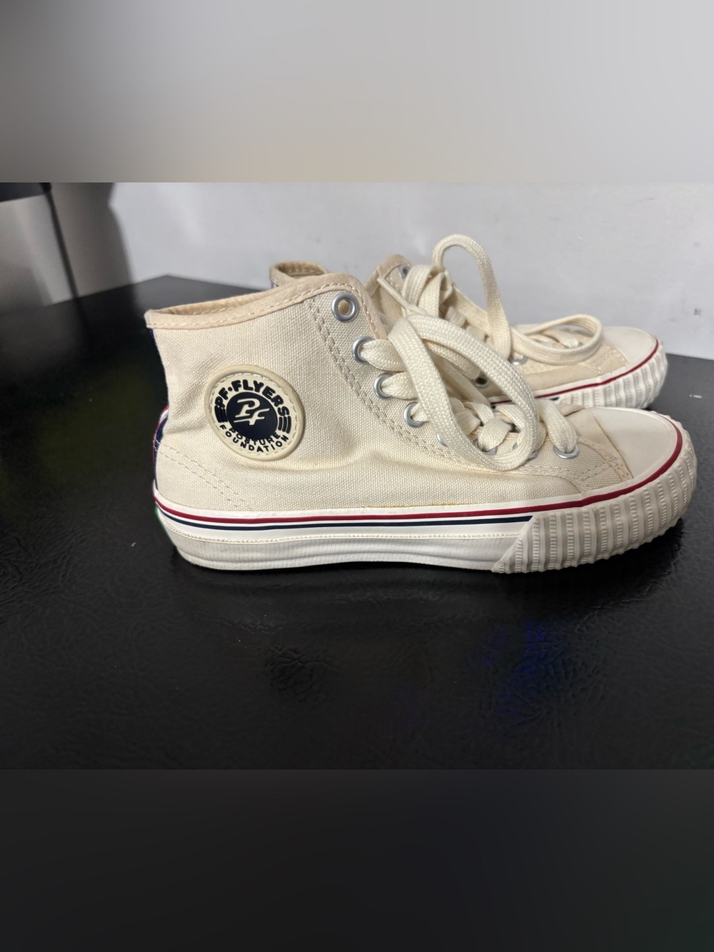 P.F. Flyers Kids High-Top Sneakers in Cream with Red Trim